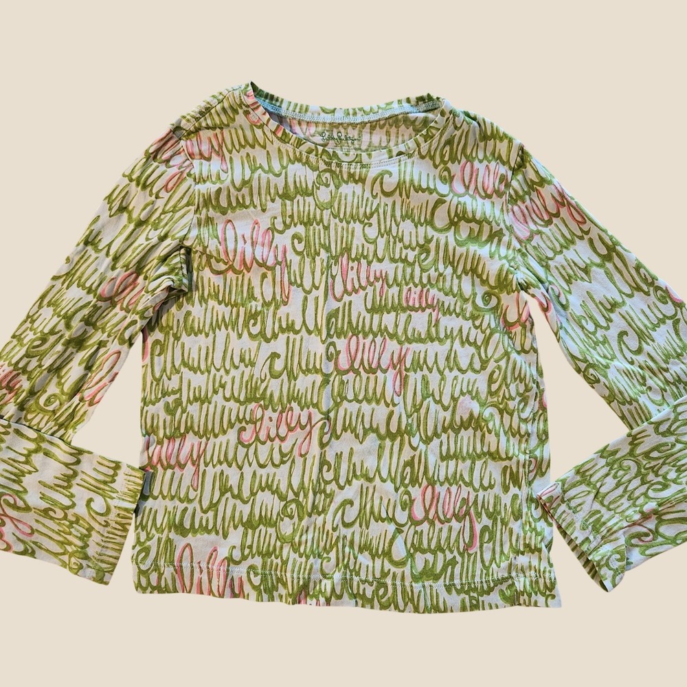 Lilly Pulitzer Girls Green Pink Script Logo Long Sleeve Cotton Tee Shirt Size 10